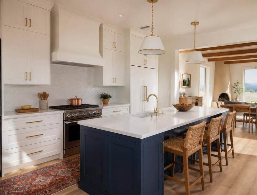 Refinished white shaker kitchen cabinets with a deep navy island and brass hardware