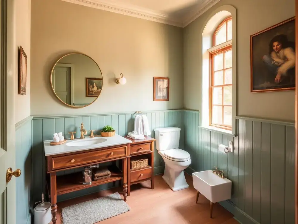 Exterior Painting project in Corrales, NM — Master bathroom freshly painted soft sage green
