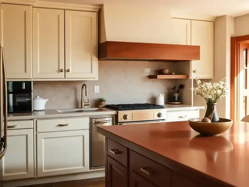 Refinished kitchen cabinets — navy island with white perimeter