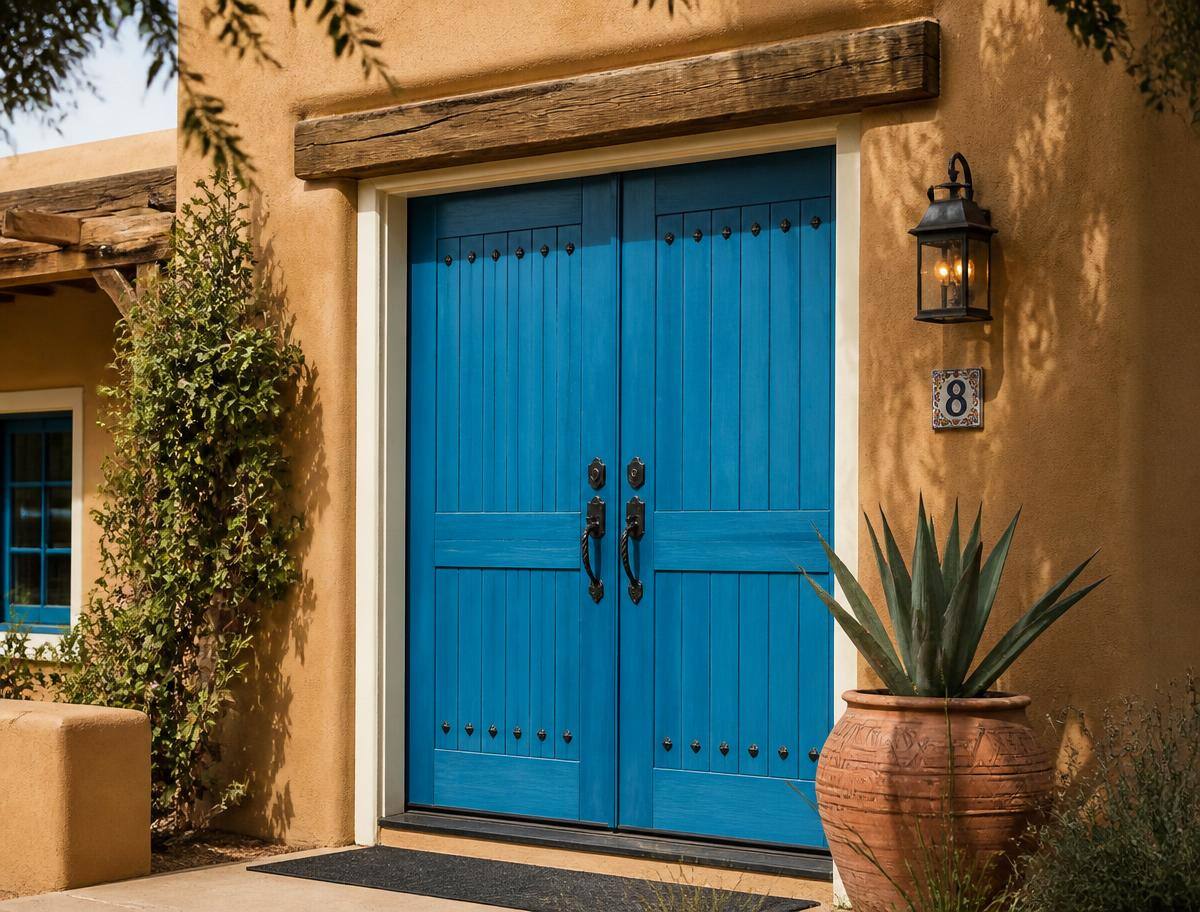 Bold turquoise Southwestern front entry door with cream trim on sand stucco