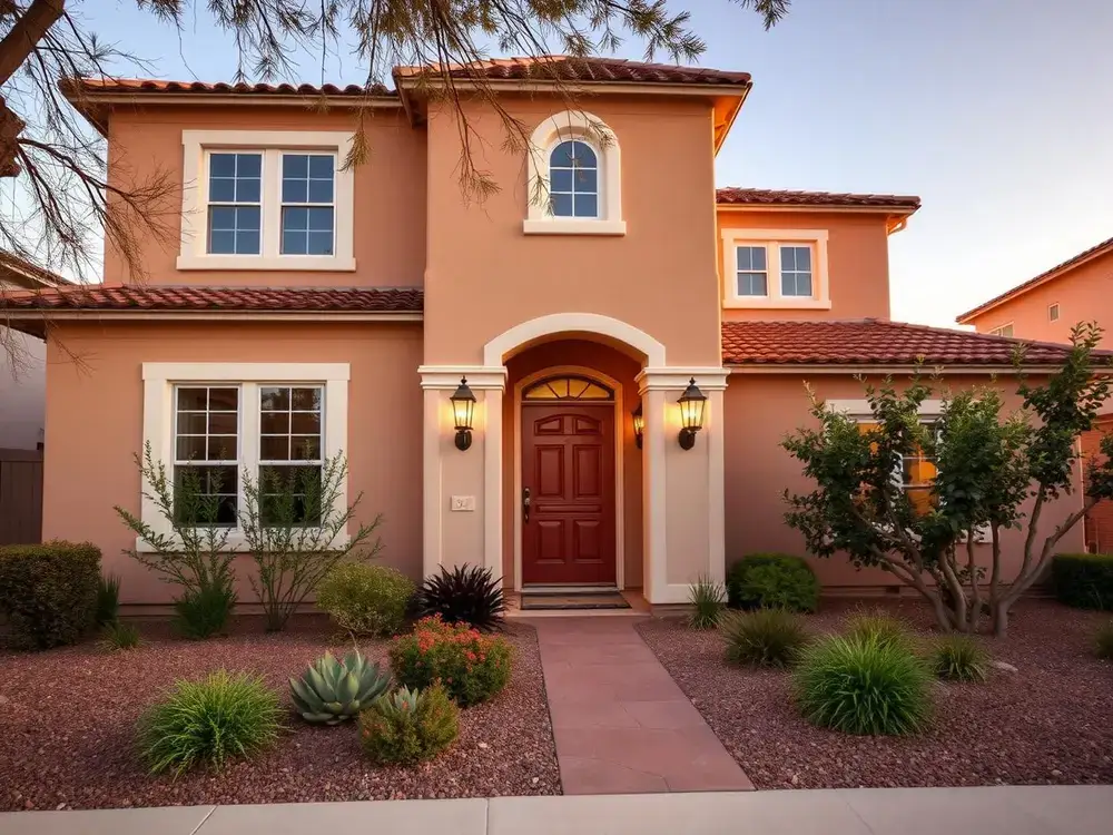 Whole-home exterior repaint in warm tan with cream trim